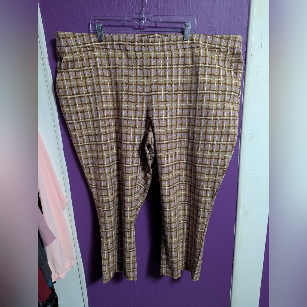 💜 Isaac Mizrahi Tan Purple Cream Polka Dot Plaid Pull On Trousers Pocket 30 6X